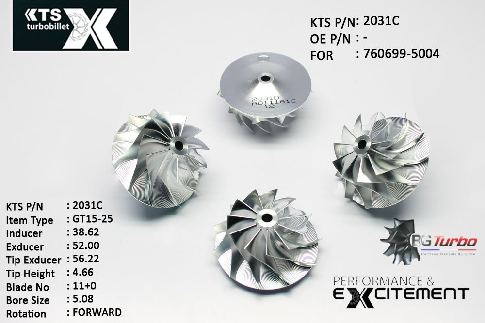 Turbo ROUE FORGÉE MFS PERFORMANCE - 11+0 PALES - INDUCER : 38,62 - EXDUCER : 52 - TYPE : GT15-25ANGLE : 70° - ROTATION : Forward - SUPER BACK : 3,9 - BORE SIZE : 5,08
